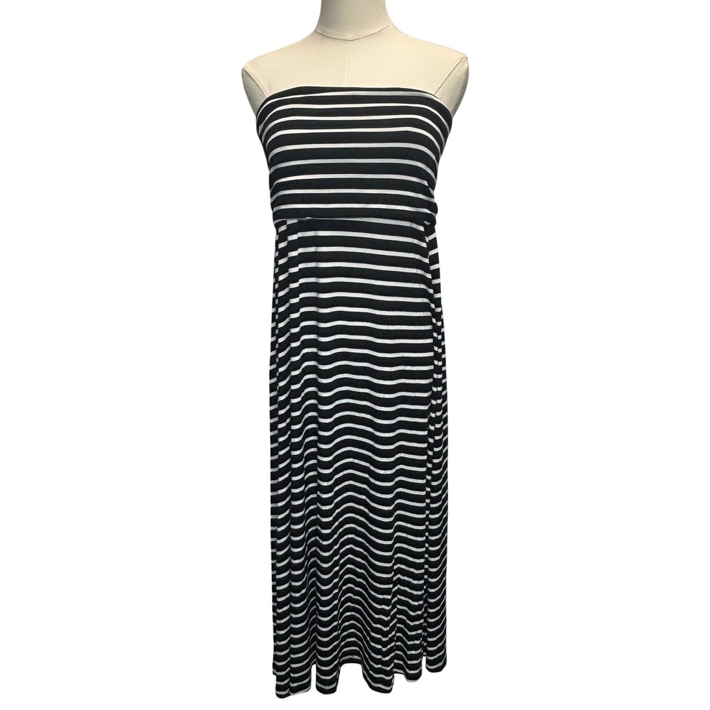 Soma Jersey Maxi Dress Womens Large Black White Striped Strapless Casual Soft